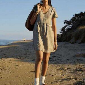 Madewell Linen-Blend Alexandra Button-Front Mini-Dress XL Light Beige